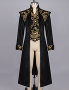Black long frock coat on mannequin with stand collar and gold baroque vest-style front