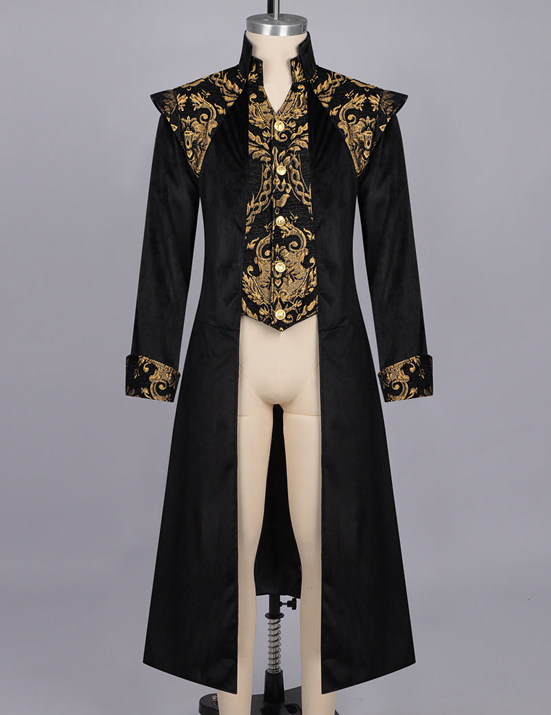Black long frock coat with gold baroque vest panel and stand collar on mannequin