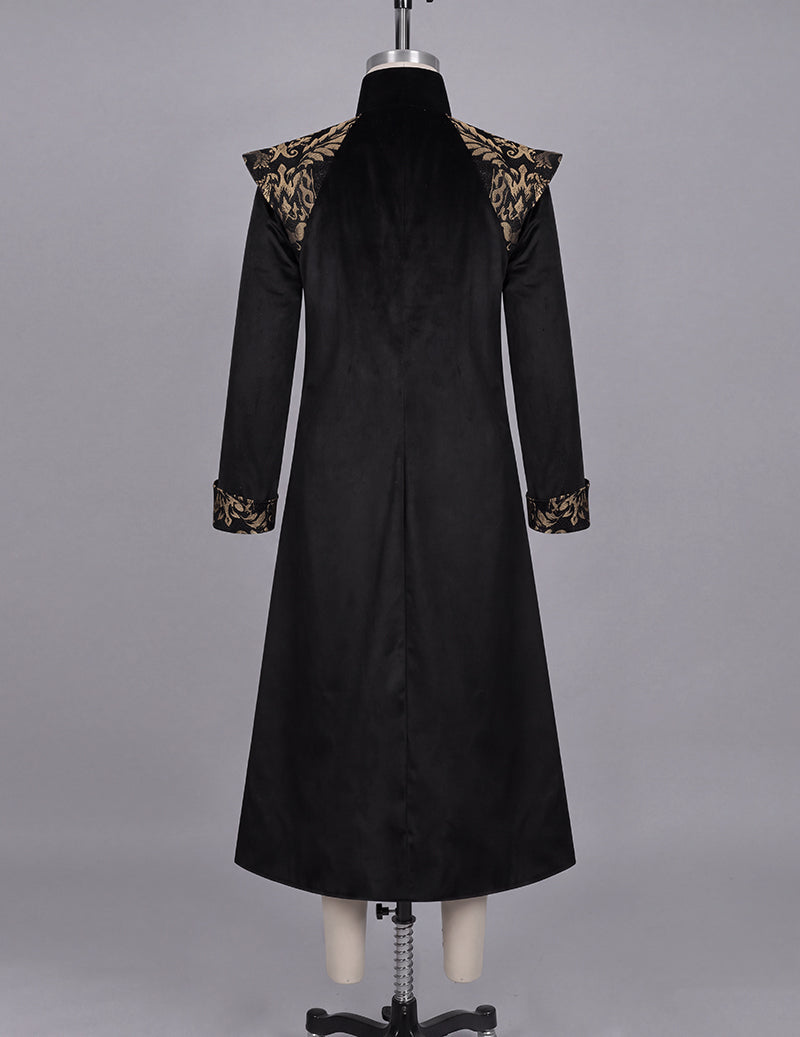 Black long frock coat on mannequin with gold baroque trim at shoulders and cuffs