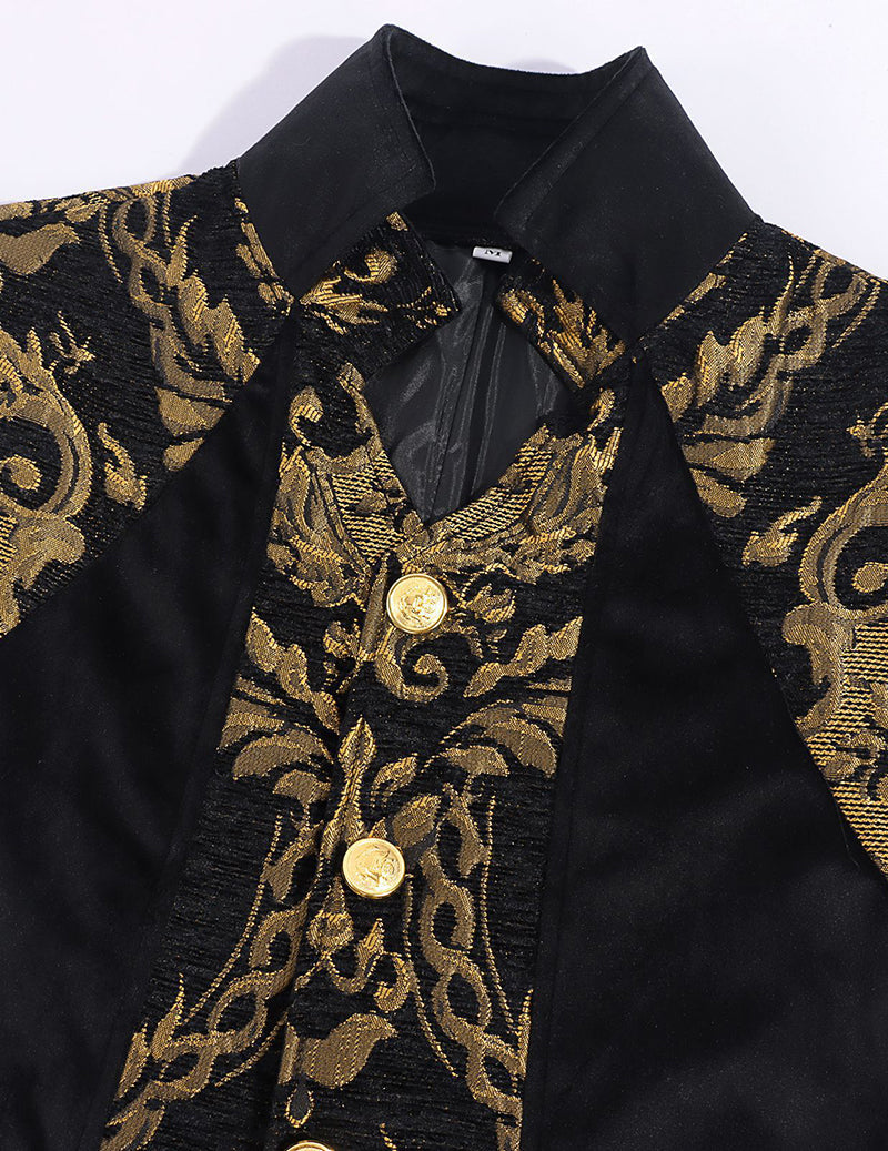 Black stand-collar coat detail with gold baroque patterned trim and two buttons