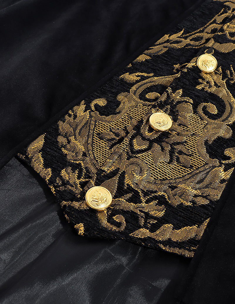 Gold baroque embroidered trim with round buttons on a black coat front