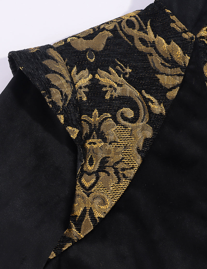 Gold baroque embroidered stand-collar detail on a black coat