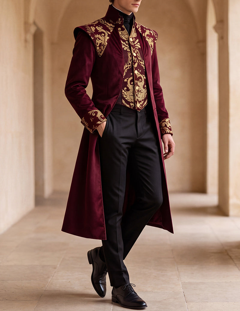 Men's burgundy long frock coat with stand collar, gold cuff trim, and flared back hem