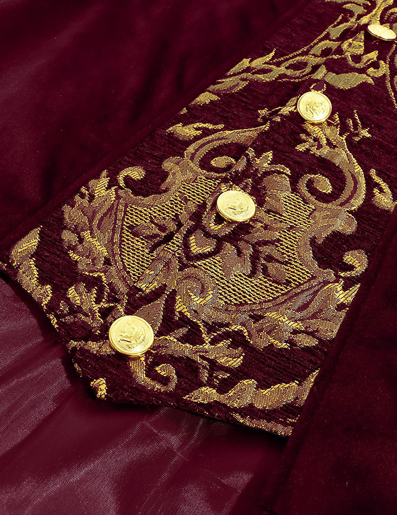 Men's dark red baroque frock coat: gold embroidery, stand collar detail and buttons
