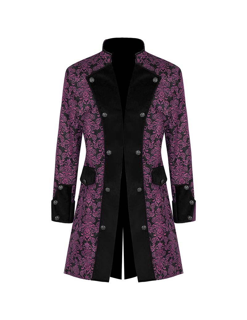 Men's purple baroque double-breasted coat with black lapels and dark center