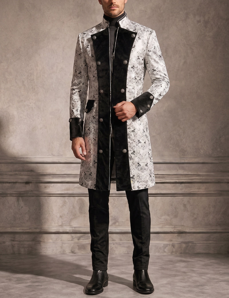 Men's silver baroque double-breasted coat with black placket and buttons