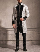Men's silver baroque double-breasted coat with black placket and buttons