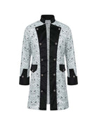 Men's silver baroque double-breasted coat with black panels and decorative print
