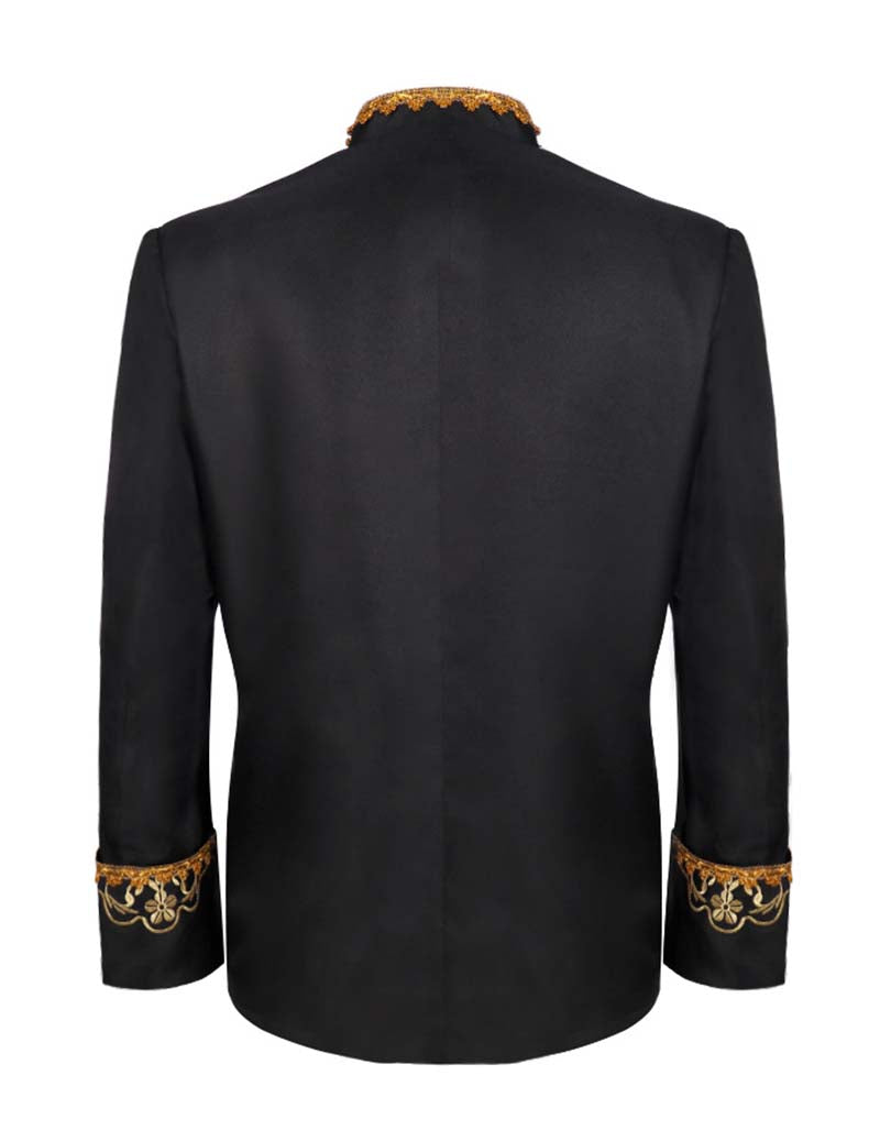 Men's black mandarin-collar blazer jacket, back view with gold embroidered cuffs