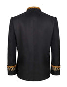 Men's black mandarin-collar blazer jacket, back view with gold embroidered cuffs