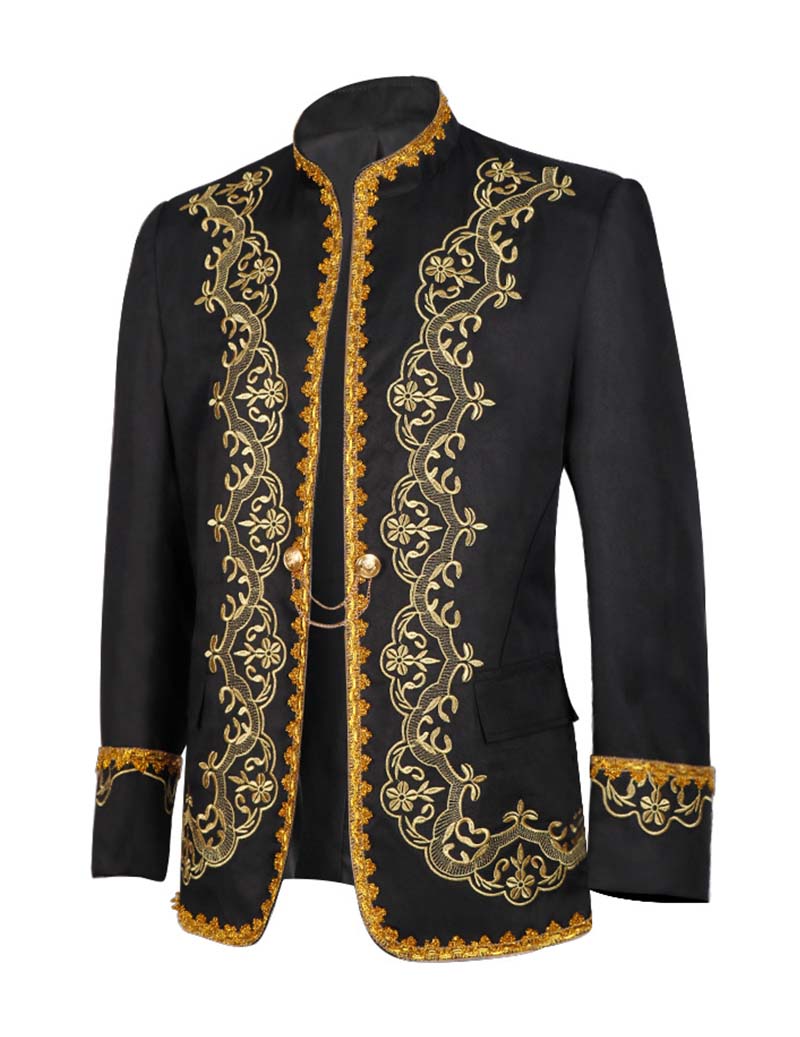 Men's black embroidered mandarin-collar blazer jacket with gold trim and button placket