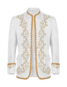 Men's white embroidered mandarin-collar blazer jacket with gold decorative trim