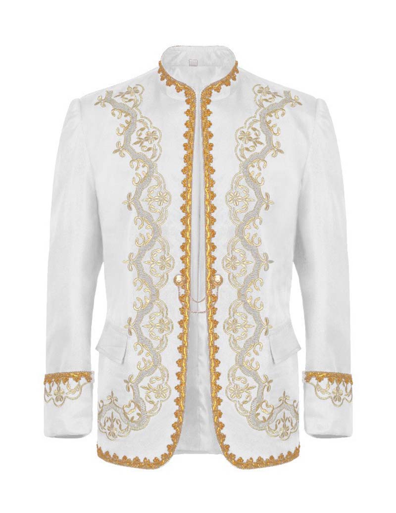 Men's white embroidered mandarin-collar blazer jacket with gold decorative trim