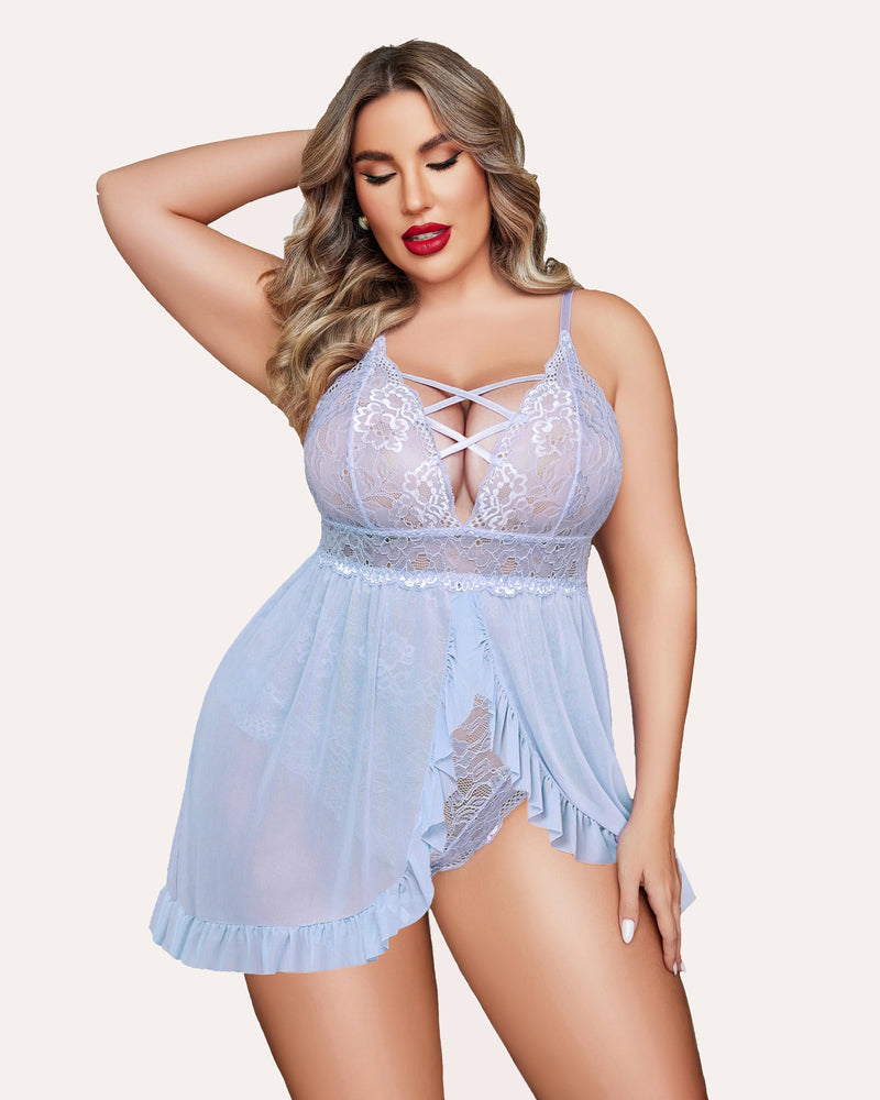Plus Size Light Blue Lace Babydoll Lingerie with Criss-cross Straps and Ruffle Hem