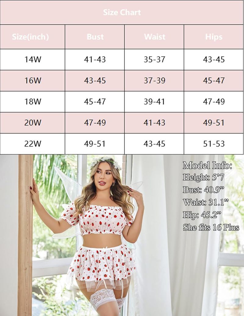 Strawberry Print Plus Size Lingerie Set - Off Shoulder, Garter Skirt, Honeymoon. Includes Size Chart
