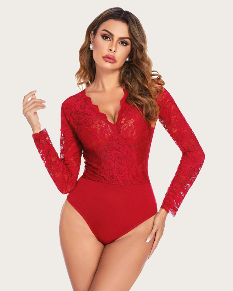Red lace bodysuit with deep V-neck and long sleeves; sexy lingerie for women; snap crotch design