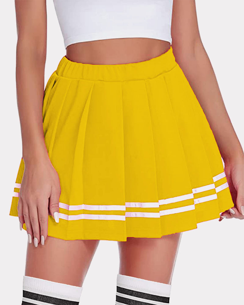 Yellow pleated mini skirt with white stripes. High-waisted school uniform style. Women's fashion.