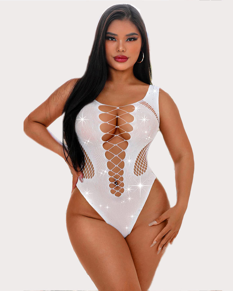 White mesh fishnet rhinestone bodysuit with lace-up detail. Sexy lingerie for women, super stretchy.