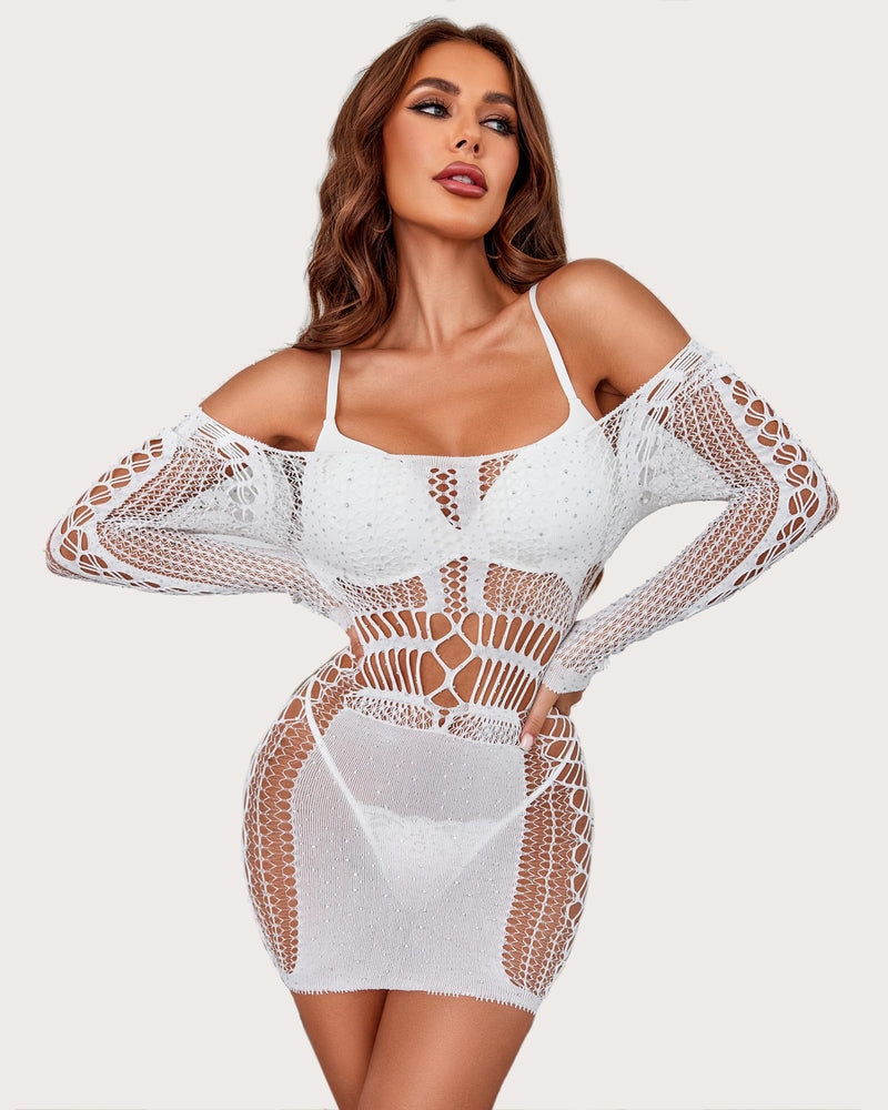 White Avidlove fishnet dress with rhinestones. Sexy lingerie, clubwear, and date night attire.