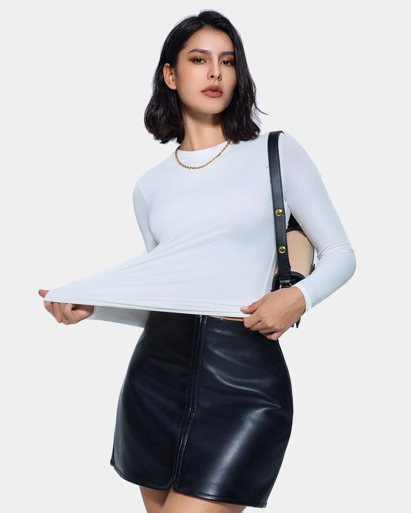 White Y2K double lined long sleeve top, lightweight and breathable loungewear, black leather skirt