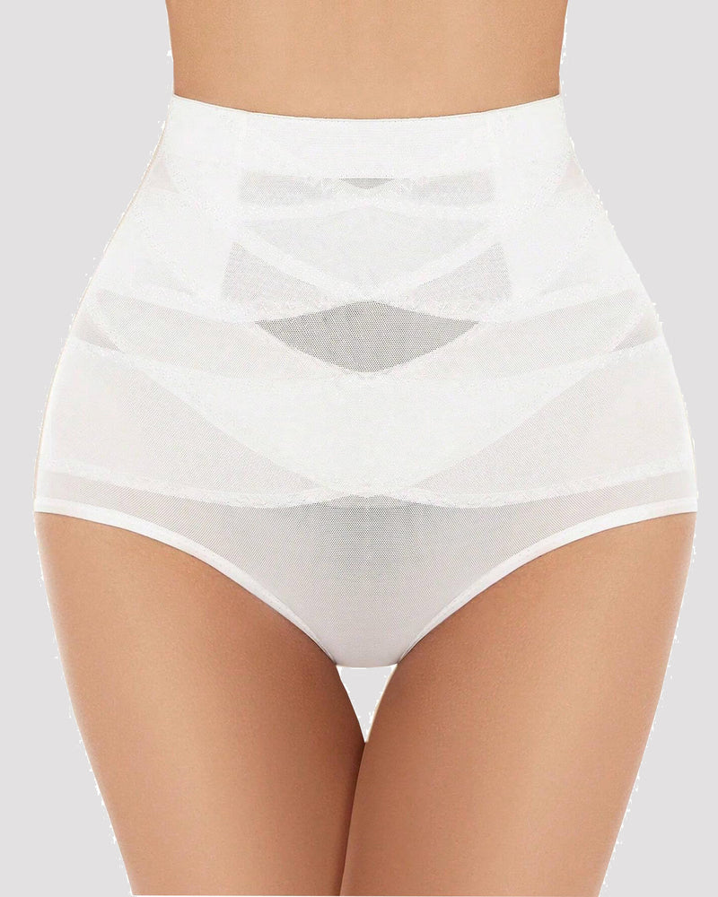 White high-waisted tummy control shapewear, criss-cross design for tummy flattening and butt shaping