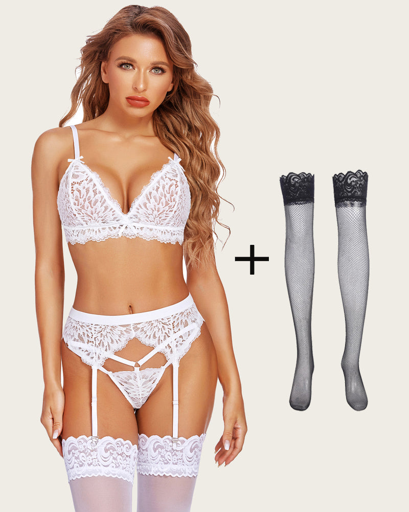 avidlove 3 piece lace leaves bra and panty set with garter blet