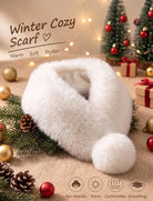 White faux fur neck warmer with a matching pom-pom and a plush, rounded collar.