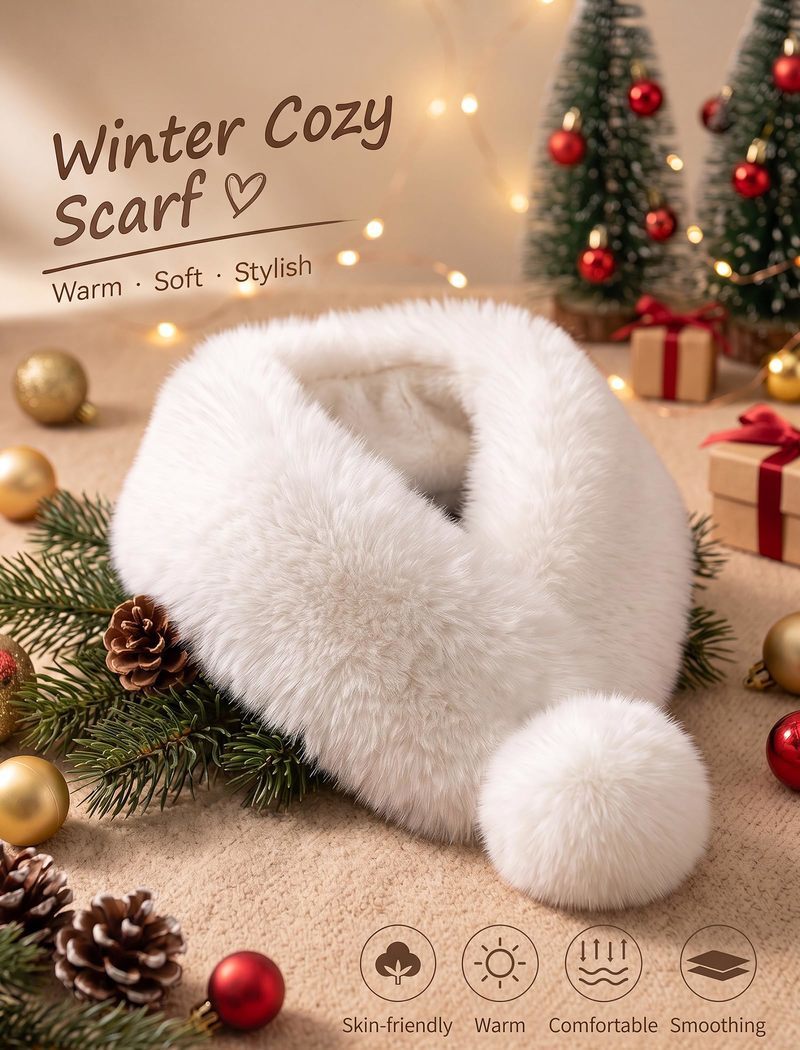 White faux fur neck warmer with a matching pom-pom and a plush, rounded collar.