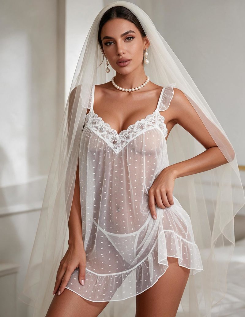 White dotted sheer chiffon babydoll with floral lace neckline and ruffled hem