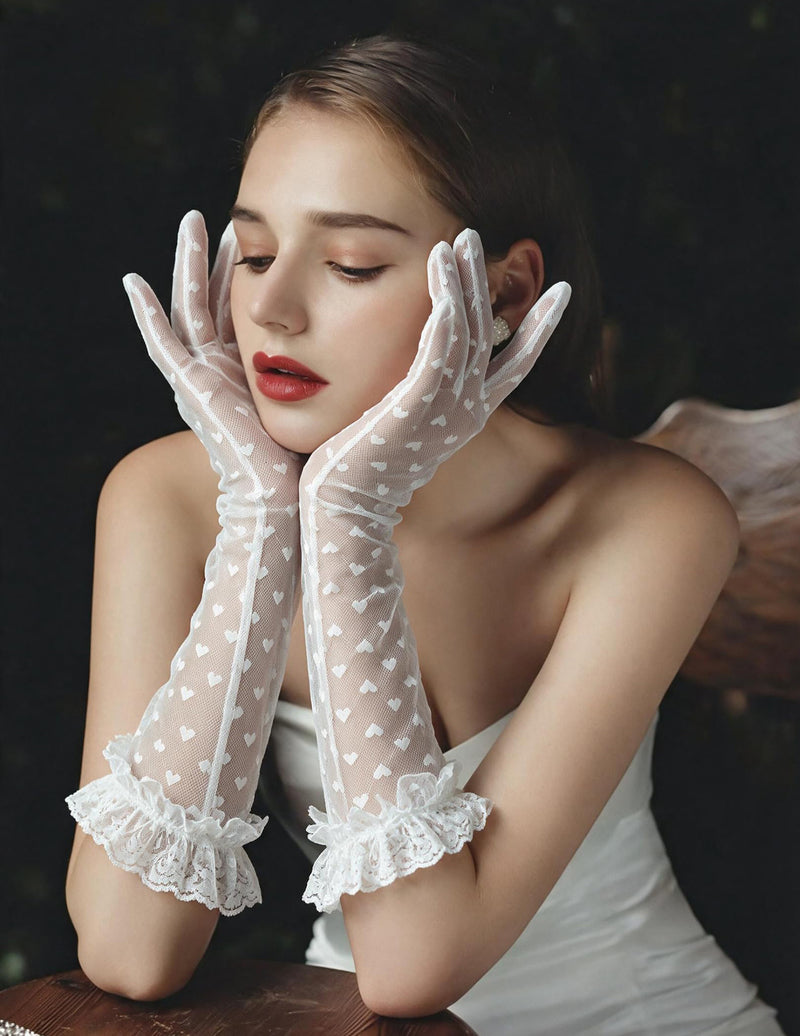 White sheer heart-print gloves with lace ruffle cuffs