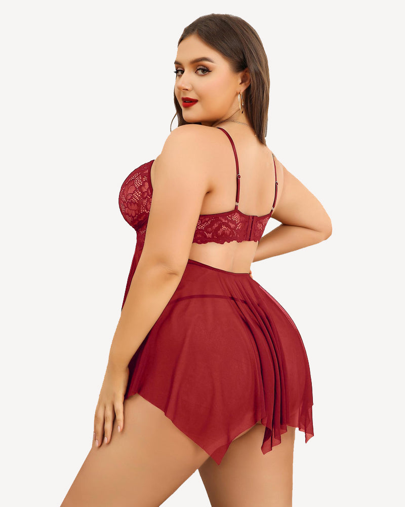 Plus size burgundy lace babydoll lingerie set with adjustable straps and asymmetrical hem