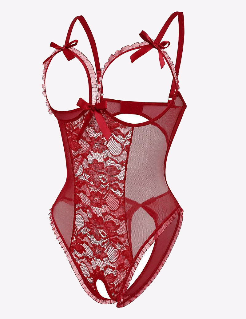 Red lace cut-out bodysuit with adjustable straps and backless design. Sexy lace lingerie, Avidlove.