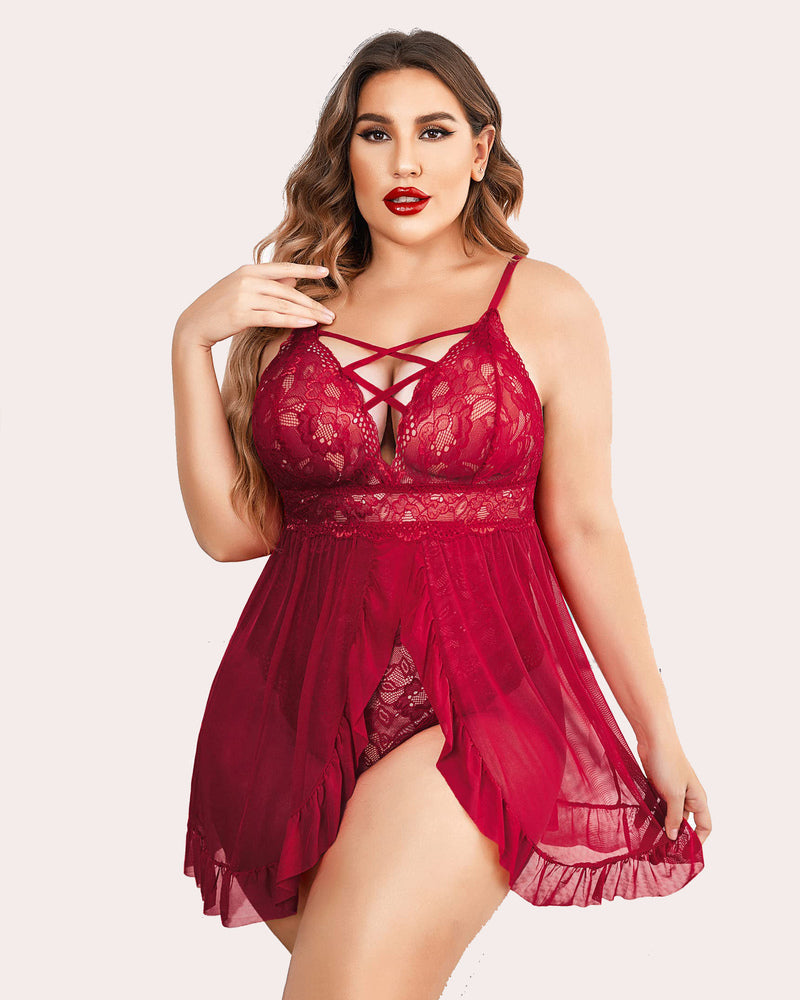 Plus Size Red Lace Babydoll with Criss-cross Straps, Mesh Overlay, Ruffle Hem, Snap Crotch