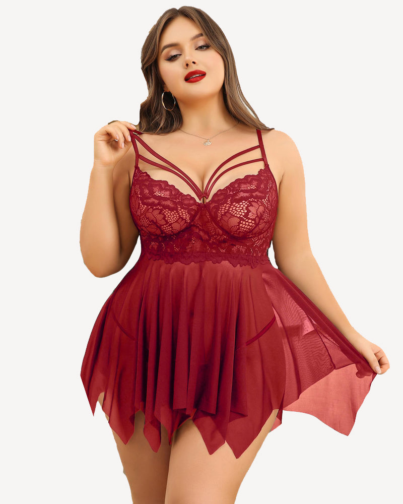 Burgundy lace plus size bridal babydoll lingerie with adjustable straps and asymmetrical hem