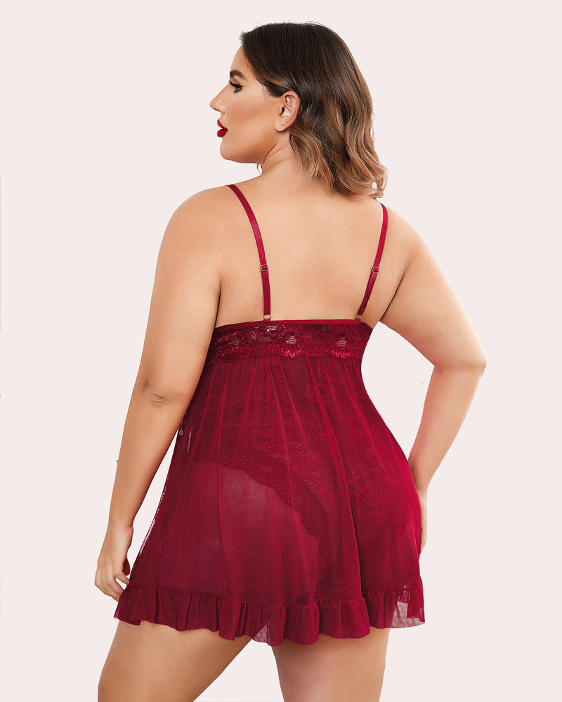 Plus Size Red Babydoll Lingerie with Criss-cross Straps and Ruffle Hem, featuring lace and mesh