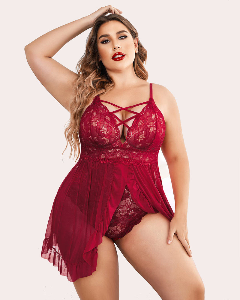 Plus Size Red Babydoll Lingerie with Lace Bodice and Criss-cross Straps