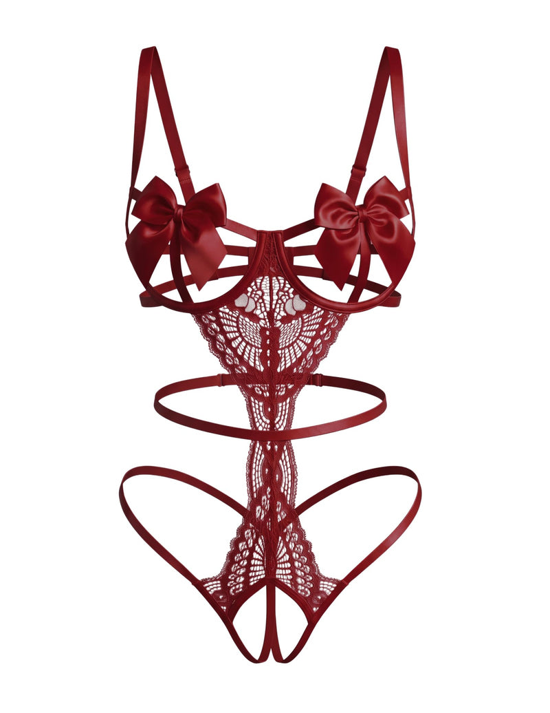Wine red floral lace teddy with satin bow underwire cups and strappy cutouts