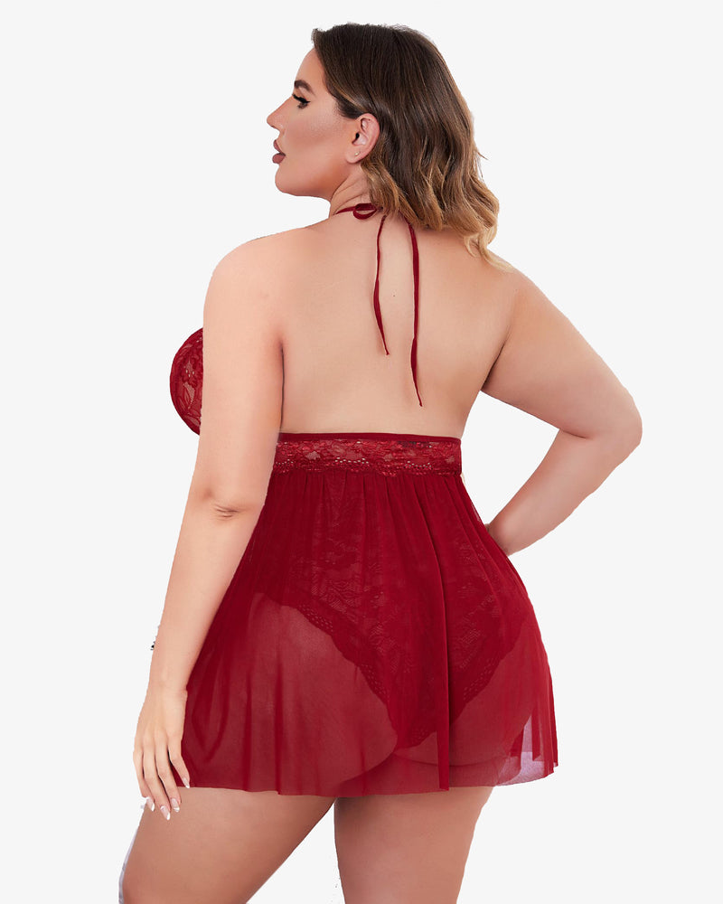 Plus size burgundy babydoll lingerie with halter neck and mesh skirt, designed for confident women.