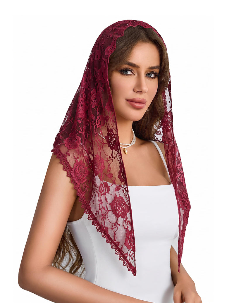 Wine red lace mantilla chapel veil with floral embroidery and scalloped trim drape.