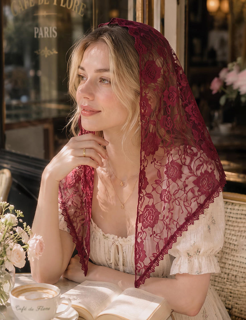 Wine red lace chapel veil with floral embroidery, scalloped trim, and head-and-shoulder drape.