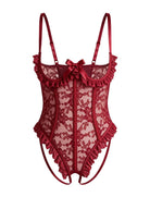 Wine red floral lace teddy bodysuit with sheer panels, ruffle trim, adjustable straps, and a bow