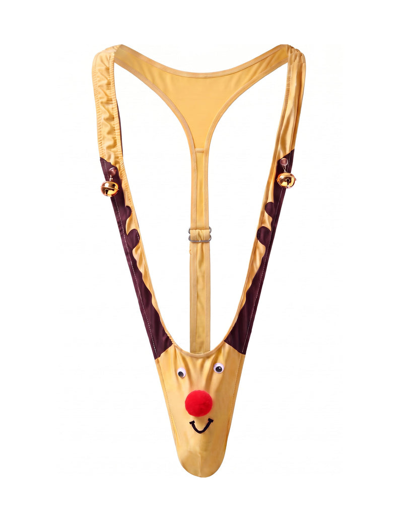 Yellow reindeer mankini thong with dark brown straps, bells, and a red nose