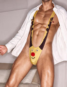 Yellow reindeer mankini thong worn with bells, a red nose, and dark brown straps