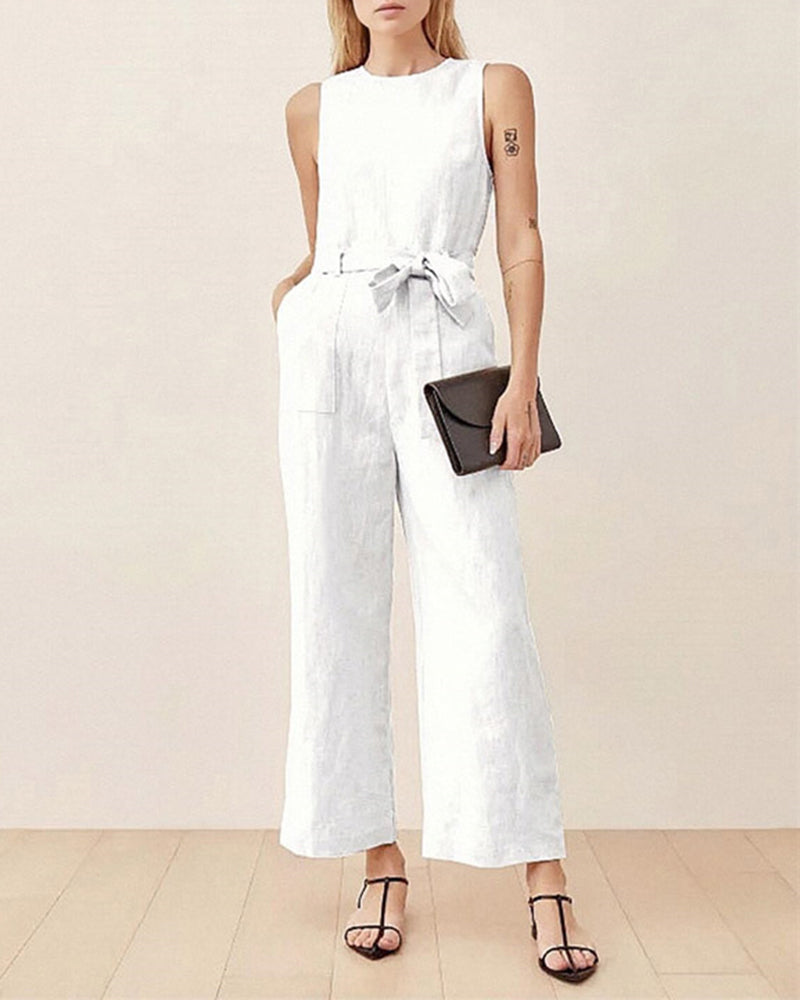 White linen pockets tie jumpsuit. Casual style, wide-leg design, perfect for daily wear.