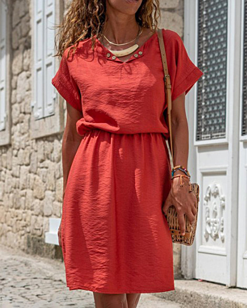 Red splicing mid dress, cotton linen blend, short sleeves, elastic waist, perfect for vacation