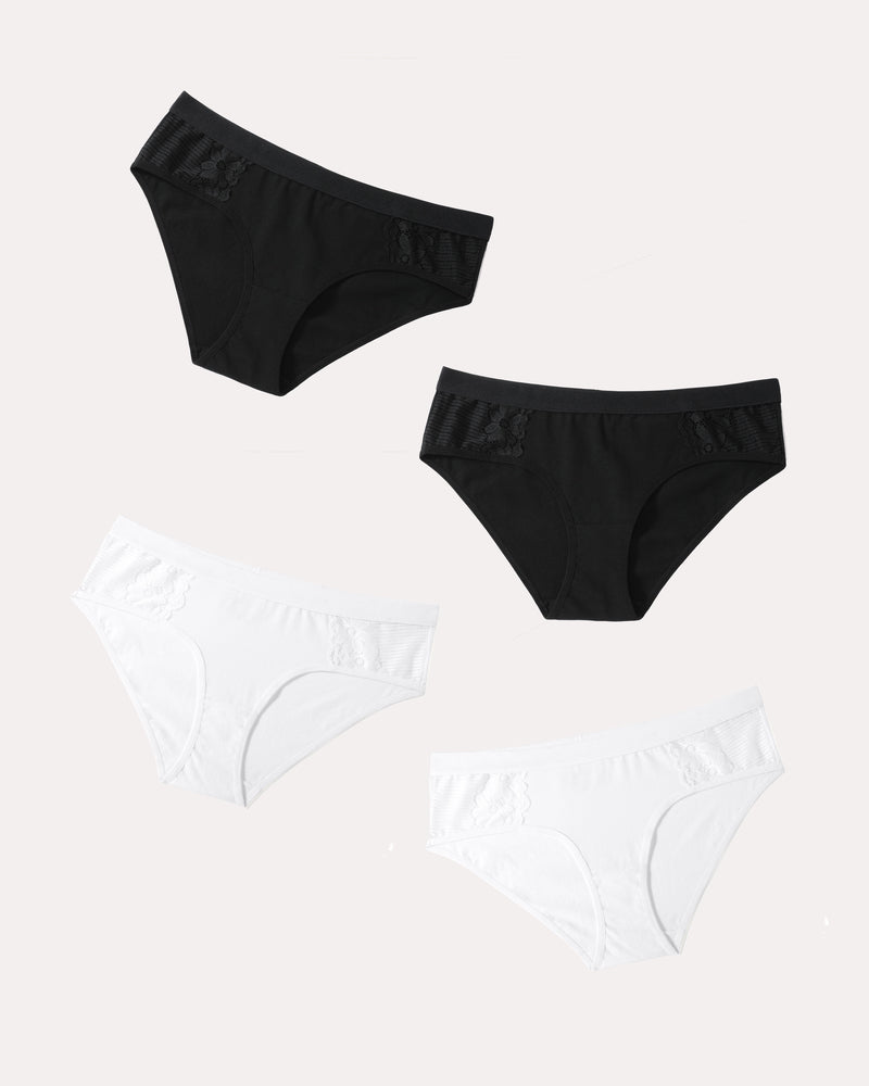 4-Pack Cotton Hipster Tanga Brief Bikini Panties - Black and White, with Lace Detail