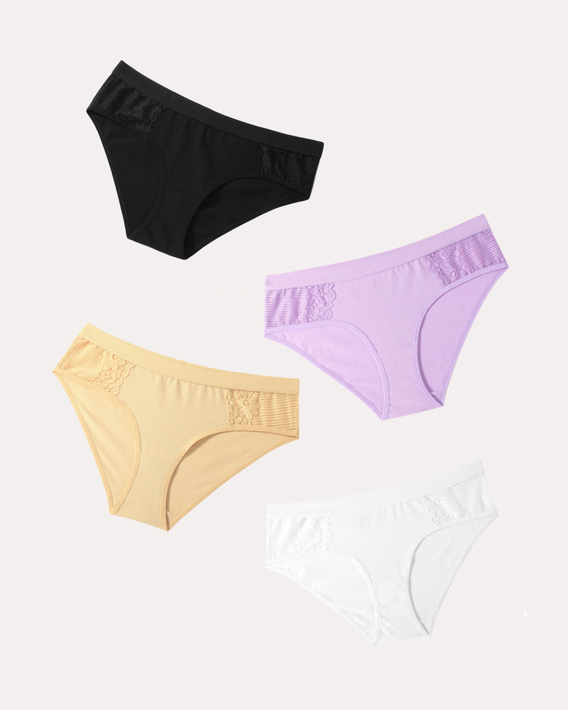 4-Pack Cotton Hipster Tanga Brief Bikini Panties with Lace in Black, Purple, Beige, and White
