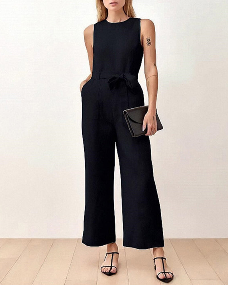 Black linen pockets tie jumpsuit. Casual style, wide-leg design, perfect for daily wear.