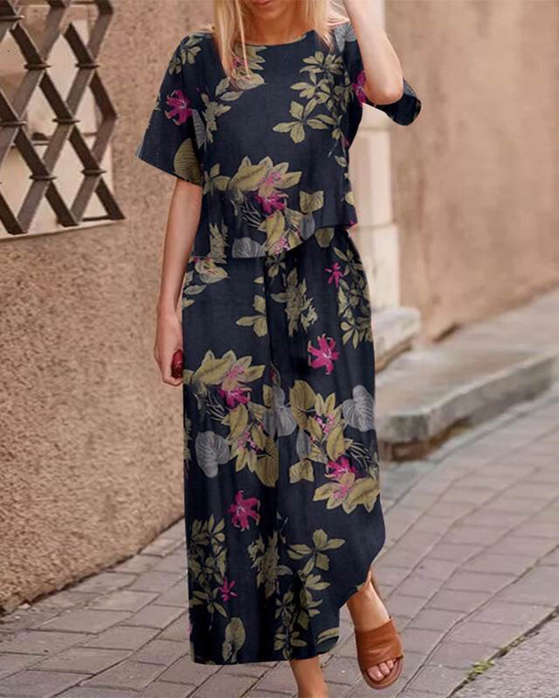 Retro Print Two Piece Set in dark blue with floral pattern, casual style, cotton and polyester blend