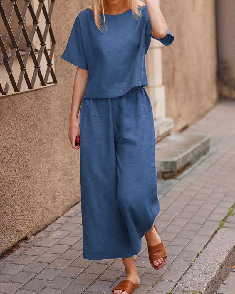 Blue linen two-piece set for women, casual outfit with short sleeves and wide leg pants